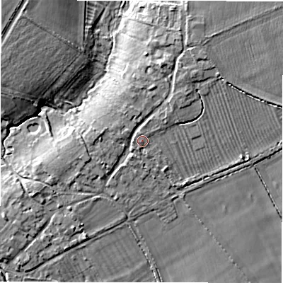 Shaded relief map of the ground around GL73JJ, computed from Environment Agency LiDAR. The ground here sits at about 88 m above sea level and falls 13 m across the surrounding 800 m. Surface water reaching this point runs off ground lying to the north-north-east, 2.3 m higher.