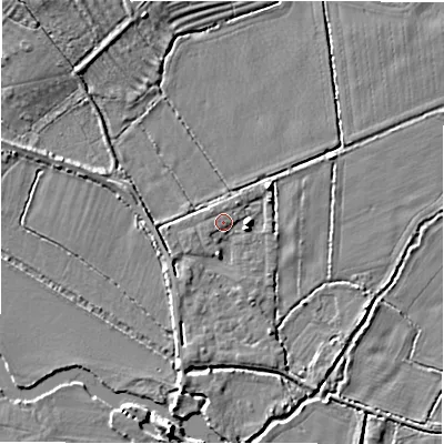 Shaded relief map of the ground around GL73JS, computed from Environment Agency LiDAR. The ground here sits at about 72 m above sea level and falls 5 m across the surrounding 800 m. Surface water reaching this point runs off ground lying to the east, 3.1 m higher.