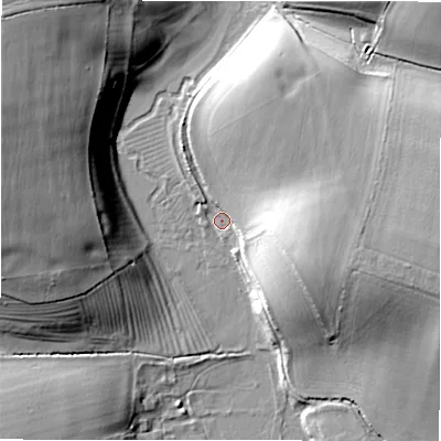 Shaded relief map of the ground around GL73NP, computed from Environment Agency LiDAR. The ground here sits at about 88 m above sea level and falls 25 m across the surrounding 800 m. Surface water reaching this point runs off ground lying to the east-south-east, 15.6 m higher.