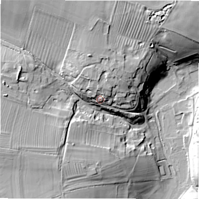 Shaded relief map of the ground around GL73NQ, computed from Environment Agency LiDAR. The ground here sits at about 106 m above sea level and falls 28 m across the surrounding 800 m. Surface water reaching this point runs off ground lying to the north, 9.4 m higher.
