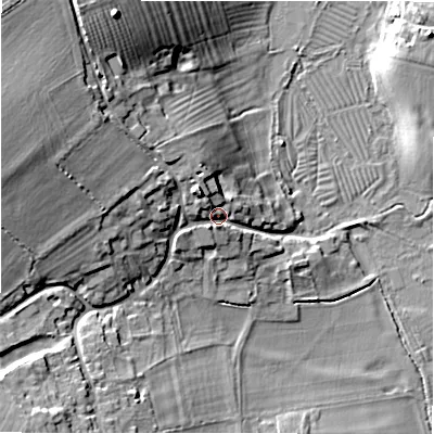 Shaded relief map of the ground around GL73NU, computed from Environment Agency LiDAR. The ground here sits at about 93 m above sea level and falls 20 m across the surrounding 800 m. Surface water reaching this point runs off ground lying to the west-north-west, 11.3 m higher.