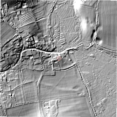 Shaded relief map of the ground around GL73NX, computed from Environment Agency LiDAR. The ground here sits at about 89 m above sea level and falls 17 m across the surrounding 800 m. Surface water reaching this point runs off ground lying to the west-south-west, 2.4 m higher.