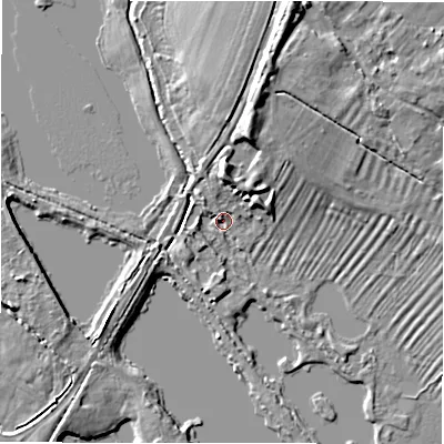 Shaded relief map of the ground around GL73QQ, computed from Environment Agency LiDAR. The ground here sits at about 79 m above sea level and falls 10 m across the surrounding 800 m. Surface water reaching this point runs off ground lying to the north, 4.8 m higher.