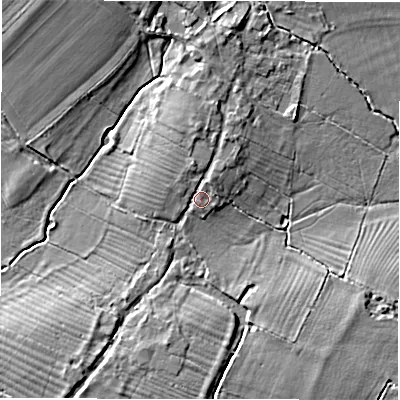 Shaded relief map of the ground around GL73QS, computed from Environment Agency LiDAR. The ground here sits at about 82 m above sea level and falls 7 m across the surrounding 800 m. Surface water reaching this point runs off ground lying to the north, 2.5 m higher.