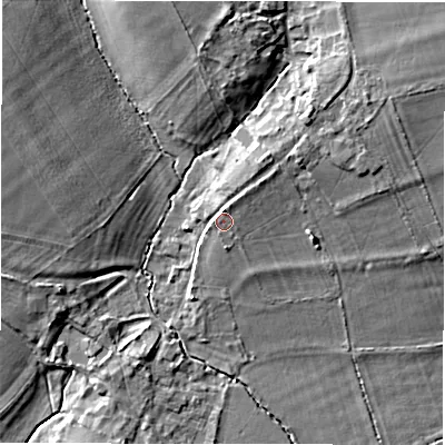 Shaded relief map of the ground around GL73QT, computed from Environment Agency LiDAR. The ground here sits at about 84 m above sea level and falls 12 m across the surrounding 800 m. Surface water reaching this point runs off ground lying to the north-east, 4.1 m higher.