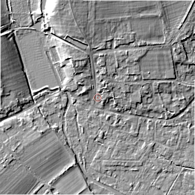Shaded relief map of the ground around GL74AB, computed from Environment Agency LiDAR. The ground here sits at about 86 m above sea level and falls 11 m across the surrounding 800 m. Surface water reaching this point runs off ground lying to the north-north-west, 8.9 m higher.
