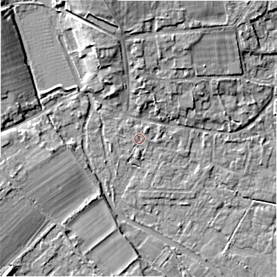 Shaded relief map of the ground around GL74AG, computed from Environment Agency LiDAR. The ground here sits at about 84 m above sea level and falls 10 m across the surrounding 800 m. Surface water reaching this point runs off ground lying to the north-east, 1.2 m higher.