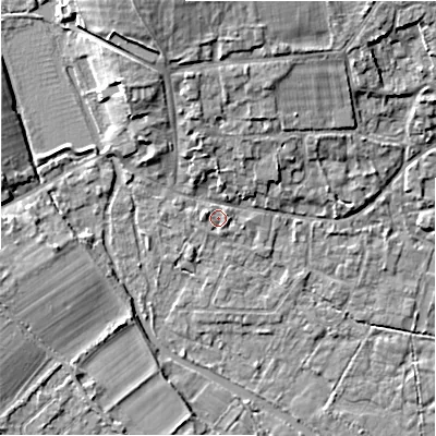 Shaded relief map of the ground around GL74AH, computed from Environment Agency LiDAR. The ground here sits at about 84 m above sea level and falls 10 m across the surrounding 800 m. Surface water reaching this point runs off ground lying to the north-north-west, 8.0 m higher.