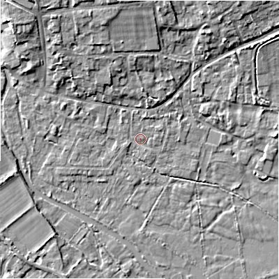 Shaded relief map of the ground around GL74AJ, computed from Environment Agency LiDAR. The ground here sits at about 83 m above sea level and falls 9 m across the surrounding 800 m. Surface water reaching this point runs off ground lying to the north-west, 7.3 m higher.