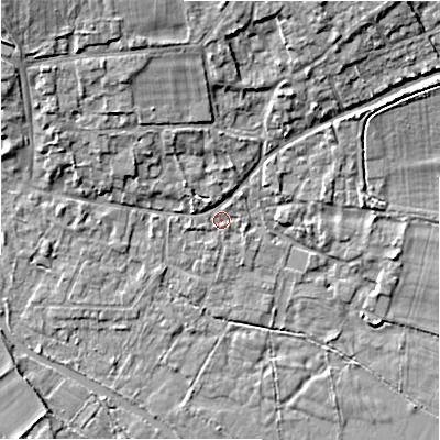 Shaded relief map of the ground around GL74AN, computed from Environment Agency LiDAR. The ground here sits at about 83 m above sea level and falls 10 m across the surrounding 800 m. Surface water reaching this point runs off ground lying to the north-north-west, 6.3 m higher.