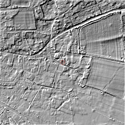 Shaded relief map of the ground around GL74AP, computed from Environment Agency LiDAR. The ground here sits at about 83 m above sea level and falls 9 m across the surrounding 800 m. Surface water reaching this point runs off ground lying to the north-west, 7.7 m higher.