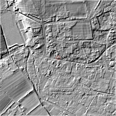 Shaded relief map of the ground around GL74AQ, computed from Environment Agency LiDAR. The ground here sits at about 85 m above sea level and falls 11 m across the surrounding 800 m. Surface water reaching this point runs off ground lying to the north-north-west, 8.7 m higher.