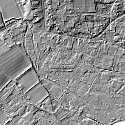 Shaded relief map of the ground around GL74BE, computed from Environment Agency LiDAR. The ground here sits at about 84 m above sea level and falls 8 m across the surrounding 800 m. Surface water reaching this point runs off ground lying to the west, 0.6 m higher.