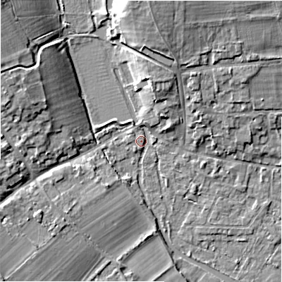 Shaded relief map of the ground around GL74BJ, computed from Environment Agency LiDAR. The ground here sits at about 85 m above sea level and falls 12 m across the surrounding 800 m. Surface water reaching this point runs off ground lying to the north-north-east, 1.6 m higher.