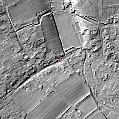 Shaded relief map of the ground around GL74BN, computed from Environment Agency LiDAR. The ground here sits at about 85 m above sea level and falls 14 m across the surrounding 800 m. Surface water reaching this point runs off ground lying to the north-west, 11.7 m higher.