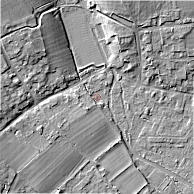 Shaded relief map of the ground around GL74BP, computed from Environment Agency LiDAR. The ground here sits at about 85 m above sea level and falls 12 m across the surrounding 800 m. Surface water reaching this point runs off ground lying to the north-west, 9.3 m higher.
