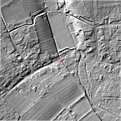 Shaded relief map of the ground around GL74BW, computed from Environment Agency LiDAR. The ground here sits at about 85 m above sea level and falls 13 m across the surrounding 800 m. Surface water reaching this point runs off ground lying to the north-west, 12.1 m higher.