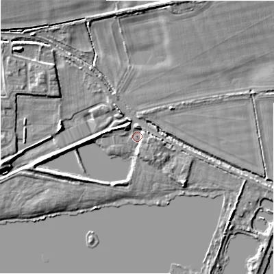 Shaded relief map of the ground around GL74DS, computed from Environment Agency LiDAR. The ground here sits at about 81 m above sea level and falls 7 m across the surrounding 800 m. Surface water reaching this point runs off ground lying to the west, 3.2 m higher.