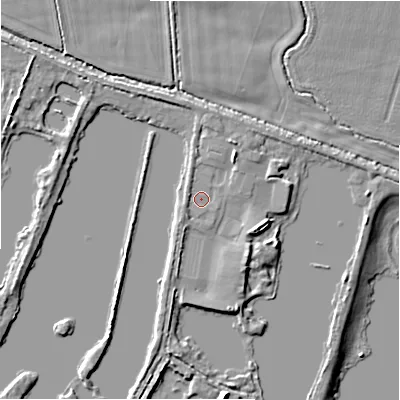 Shaded relief map of the ground around GL74DT, computed from Environment Agency LiDAR. The ground here sits at about 79 m above sea level and falls 7 m across the surrounding 800 m. Surface water reaching this point runs off ground lying to the north-east, 1.9 m higher.