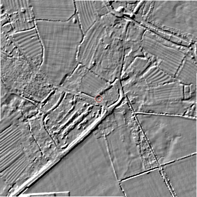 Shaded relief map of the ground around GL74DZ, computed from Environment Agency LiDAR. The ground here sits at about 77 m above sea level and falls 4 m across the surrounding 800 m. Surface water reaching this point runs off ground lying to the north, 2.8 m higher.
