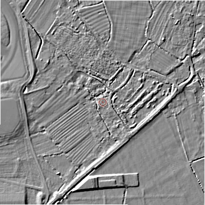 Shaded relief map of the ground around GL74EA, computed from Environment Agency LiDAR. The ground here sits at about 77 m above sea level and falls 4 m across the surrounding 800 m. Surface water reaching this point runs off ground lying to the north-west, 2.9 m higher.