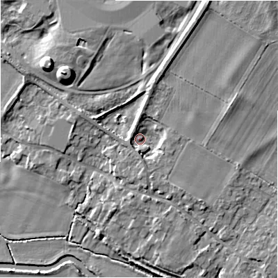Shaded relief map of the ground around GL74EF, computed from Environment Agency LiDAR. The ground here sits at about 79 m above sea level and falls 13 m across the surrounding 800 m. Surface water reaching this point runs off ground lying to the north-west, 9.5 m higher.