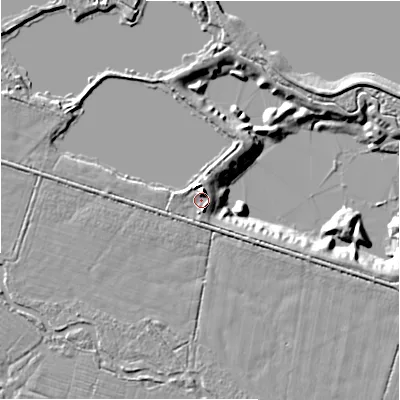 Shaded relief map of the ground around GL74EH, computed from Environment Agency LiDAR. The ground here sits at about 77 m above sea level and falls 9 m across the surrounding 800 m. Surface water reaching this point runs off ground lying to the north, 4.2 m higher.