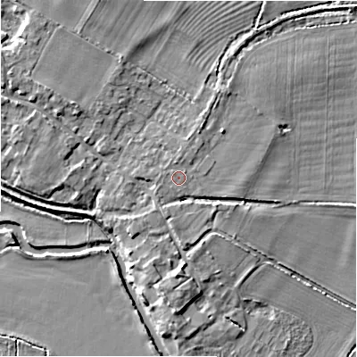 Shaded relief map of the ground around GL74FB, computed from Environment Agency LiDAR. The ground here sits at about 78 m above sea level and falls 7 m across the surrounding 800 m. Surface water reaching this point runs off ground lying to the north-north-west, 0.7 m higher.