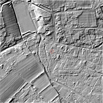 Shaded relief map of the ground around GL74GF, computed from Environment Agency LiDAR. The ground here sits at about 84 m above sea level and falls 10 m across the surrounding 800 m. The ground contributing surface water to this point lies to the north.