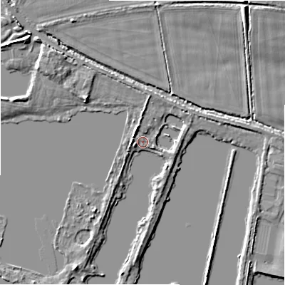 Shaded relief map of the ground around GL74GS, computed from Environment Agency LiDAR. The ground here sits at about 80 m above sea level and falls 7 m across the surrounding 800 m. Surface water reaching this point runs off ground lying to the north-north-west, 2.9 m higher.