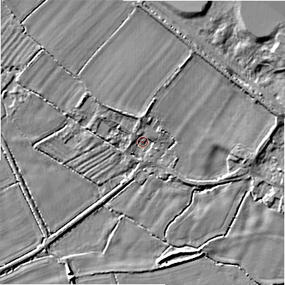 Shaded relief map of the ground around GL74HD, computed from Environment Agency LiDAR. The ground here sits at about 76 m above sea level and falls 8 m across the surrounding 800 m. Surface water reaching this point runs off ground lying to the north, 3.3 m higher.