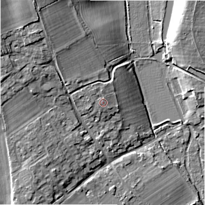 Shaded relief map of the ground around GL74JG, computed from Environment Agency LiDAR. The ground here sits at about 92 m above sea level and falls 17 m across the surrounding 800 m. Surface water reaching this point runs off ground lying to the north-west, 2.1 m higher.