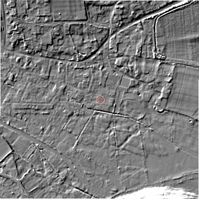 Shaded relief map of the ground around GL74LX, computed from Environment Agency LiDAR. The ground here sits at about 83 m above sea level and falls 10 m across the surrounding 800 m. Surface water reaching this point runs off ground lying to the north-west, 0.6 m higher.