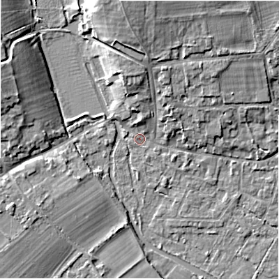 Shaded relief map of the ground around GL74NH, computed from Environment Agency LiDAR. The ground here sits at about 84 m above sea level and falls 11 m across the surrounding 800 m. Surface water reaching this point runs off ground lying to the north, 4.0 m higher.