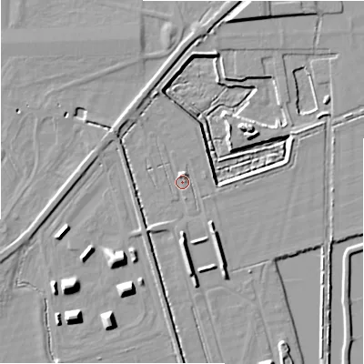 Shaded relief map of the ground around GL74NJ, computed from Environment Agency LiDAR. The ground here sits at about 76 m above sea level and falls 11 m across the surrounding 800 m. Surface water reaching this point runs off ground lying to the south, 4.2 m higher.