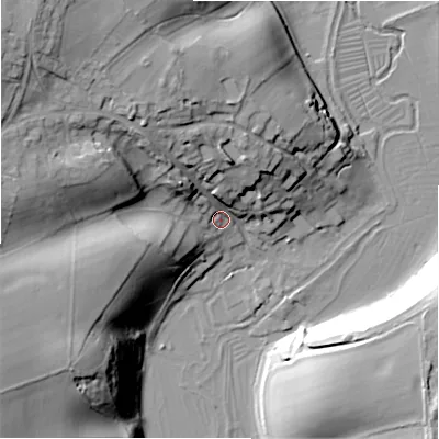 Shaded relief map of the ground around GL75BN, computed from Environment Agency LiDAR. The ground here sits at about 96 m above sea level and falls 31 m across the surrounding 800 m. Surface water reaching this point runs off ground lying to the north-west, 17.6 m higher.