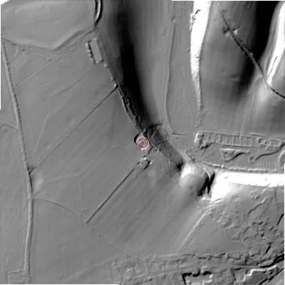Shaded relief map of the ground around GL75DN, computed from Environment Agency LiDAR. The ground here sits at about 125 m above sea level and falls 32 m across the surrounding 800 m. Surface water reaching this point runs off ground lying to the west-north-west, 13.6 m higher.