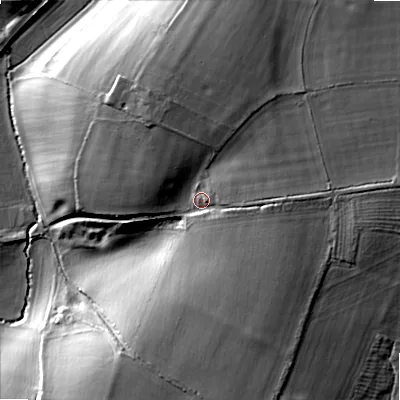 Shaded relief map of the ground around GL75EA, computed from Environment Agency LiDAR. The ground here sits at about 126 m above sea level and falls 29 m across the surrounding 800 m. Surface water reaching this point runs off ground lying to the north-east, 8.3 m higher.