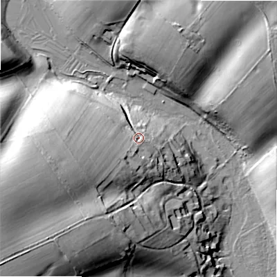 Shaded relief map of the ground around GL75EW, computed from Environment Agency LiDAR. The ground here sits at about 125 m above sea level and falls 38 m across the surrounding 800 m. Surface water reaching this point runs off ground lying to the west-south-west, 12.6 m higher.