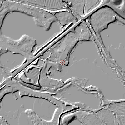 Shaded relief map of the ground around GL75FP, computed from Environment Agency LiDAR. The ground here sits at about 85 m above sea level and falls 10 m across the surrounding 800 m. Surface water reaching this point runs off ground lying to the west, 5.8 m higher.