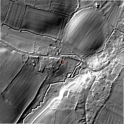 Shaded relief map of the ground around GL75HN, computed from Environment Agency LiDAR. The ground here sits at about 93 m above sea level and falls 12 m across the surrounding 800 m. Surface water reaching this point runs off ground lying to the west, 3.1 m higher.