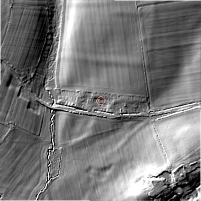 Shaded relief map of the ground around GL75JH, computed from Environment Agency LiDAR. The ground here sits at about 93 m above sea level and falls 15 m across the surrounding 800 m. Surface water reaching this point runs off ground lying to the north-east, 5.2 m higher.