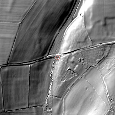Shaded relief map of the ground around GL75LJ, computed from Environment Agency LiDAR. The ground here sits at about 93 m above sea level and falls 18 m across the surrounding 800 m. Surface water reaching this point runs off ground lying to the north-west, 14.5 m higher.
