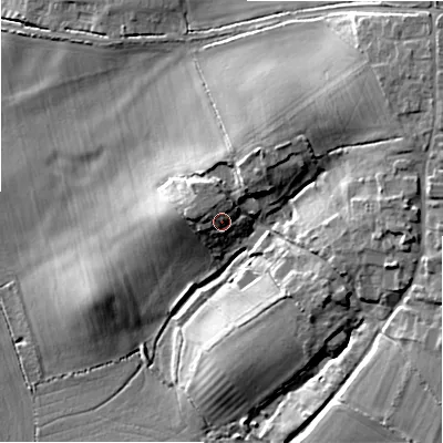 Shaded relief map of the ground around GL75LS, computed from Environment Agency LiDAR. The ground here sits at about 99 m above sea level and falls 20 m across the surrounding 800 m. Surface water reaching this point runs off ground lying to the north-north-west, 3.4 m higher.