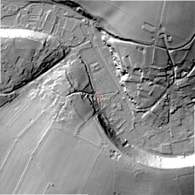 Shaded relief map of the ground around GL75NJ, computed from Environment Agency LiDAR. The ground here sits at about 104 m above sea level and falls 43 m across the surrounding 800 m. Surface water reaching this point runs off ground lying to the south-south-west, 33.9 m higher.