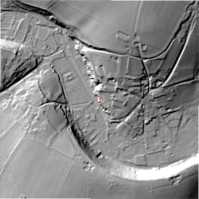Shaded relief map of the ground around GL75NP, computed from Environment Agency LiDAR. The ground here sits at about 109 m above sea level and falls 45 m across the surrounding 800 m. Surface water reaching this point runs off ground lying to the north-north-east, 43.3 m higher.