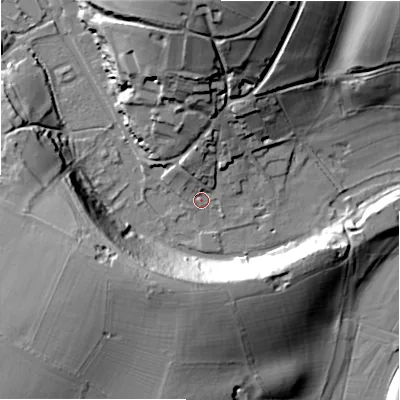 Shaded relief map of the ground around GL75NR, computed from Environment Agency LiDAR. The ground here sits at about 104 m above sea level and falls 38 m across the surrounding 800 m. Surface water reaching this point runs off ground lying to the north-north-east, 9.7 m higher.
