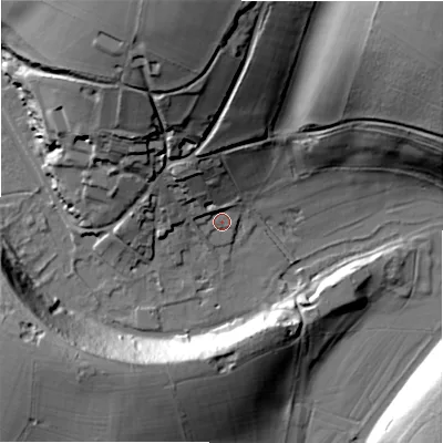 Shaded relief map of the ground around GL75NT, computed from Environment Agency LiDAR. The ground here sits at about 105 m above sea level and falls 44 m across the surrounding 800 m. Surface water reaching this point runs off ground lying to the north-north-west, 39.2 m higher.