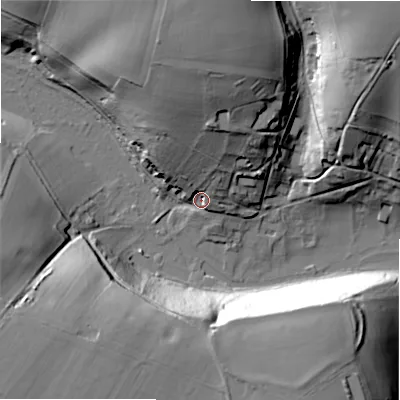 Shaded relief map of the ground around GL75NY, computed from Environment Agency LiDAR. The ground here sits at about 111 m above sea level and falls 38 m across the surrounding 800 m. Surface water reaching this point runs off ground lying to the north, 25.5 m higher.