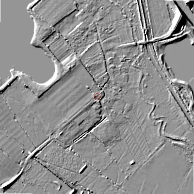 Shaded relief map of the ground around GL75QH, computed from Environment Agency LiDAR. The ground here sits at about 83 m above sea level and falls 11 m across the surrounding 800 m. Surface water reaching this point runs off ground lying to the north-west, 3.1 m higher.